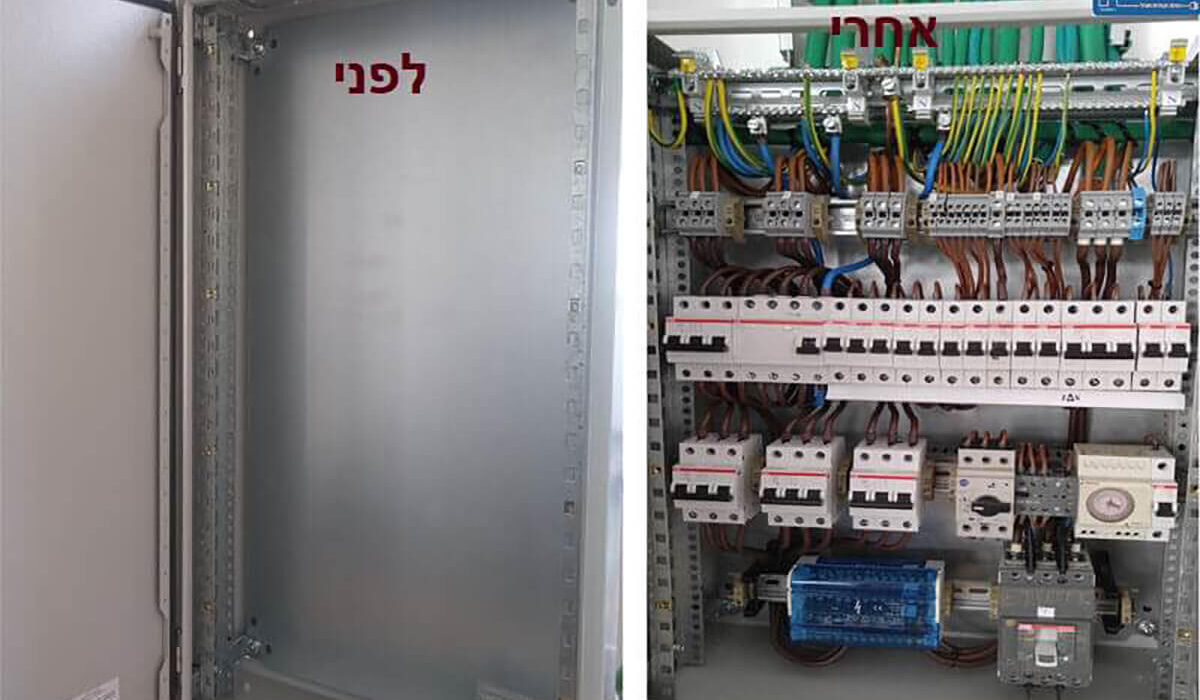 ארון חשמל – לפני ואחרי התקנה: מצד אחד ארון ריק, מצד שני ארון מאובזר עם חיווט ומפסקים