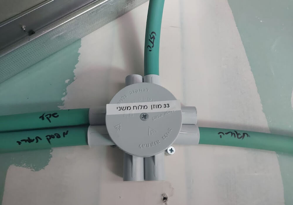 קופסת חיבורים עם מובלים ירוקים מסומנים – כולל תיוג בעברית בהתאם לפונקציית המעגלים