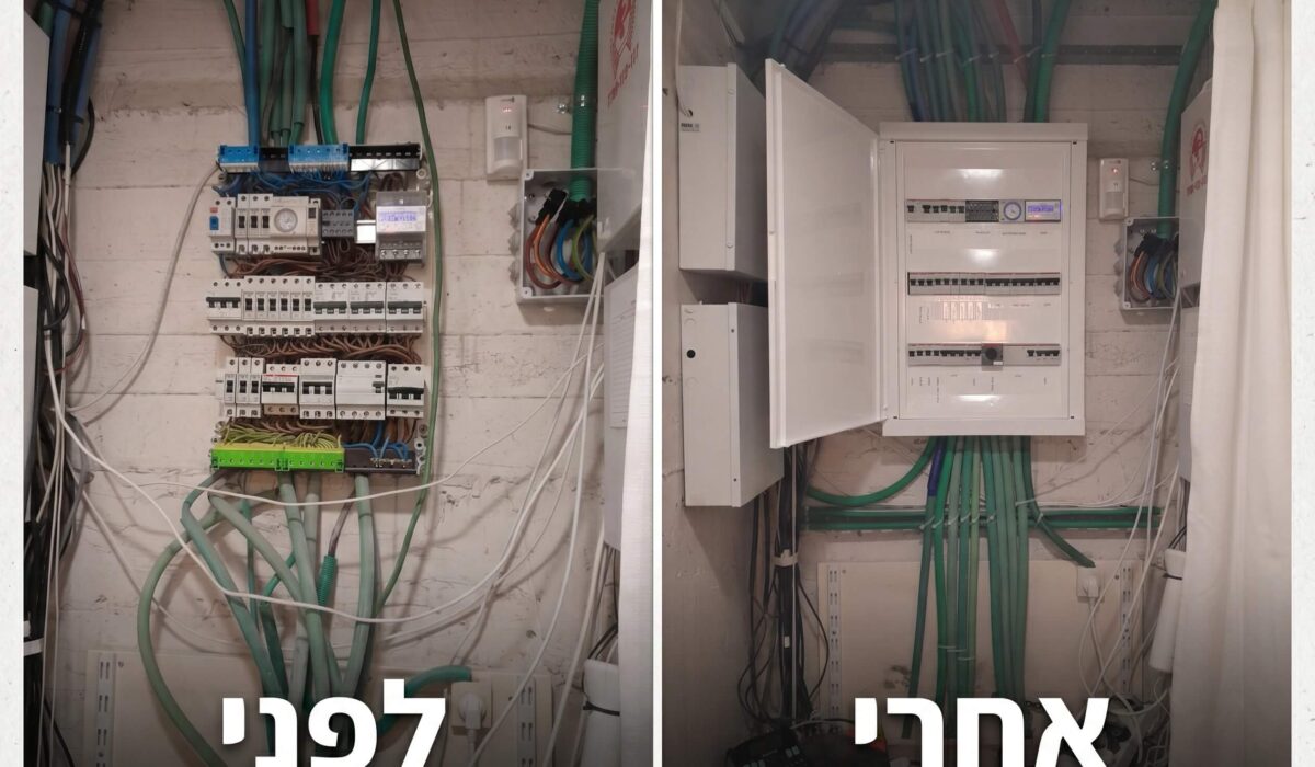 צילום לפני ואחרי של עבודות חשמל: משמאל לוח ישן ומבולגן הדורש החלפה, ומימין הלוח החדש לאחר סידור כבלים והחלפת אביזרים על ידי חשמלאי מקצועי