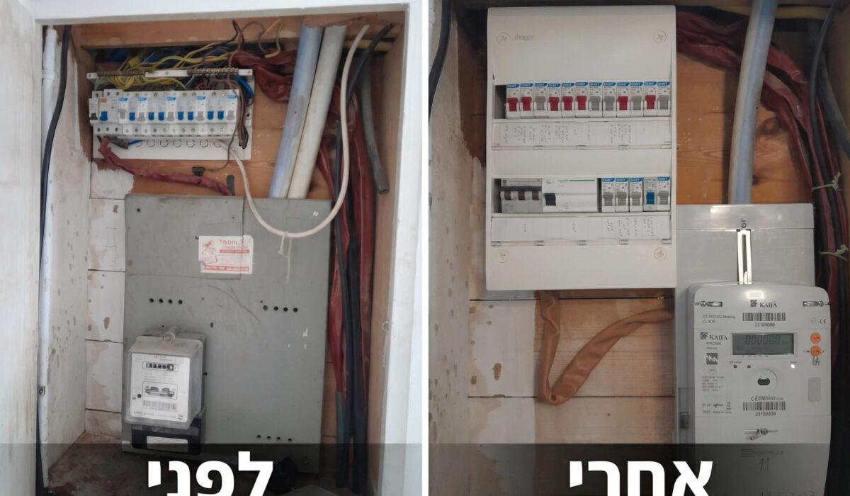 צילום לפני ואחרי של הגדלת לוח חשמל מחד פאזי לתלת פאזי, כולל סידור כבלים ואביזרים חדשים על ידי חשמלאי מקצועי בנתניה.